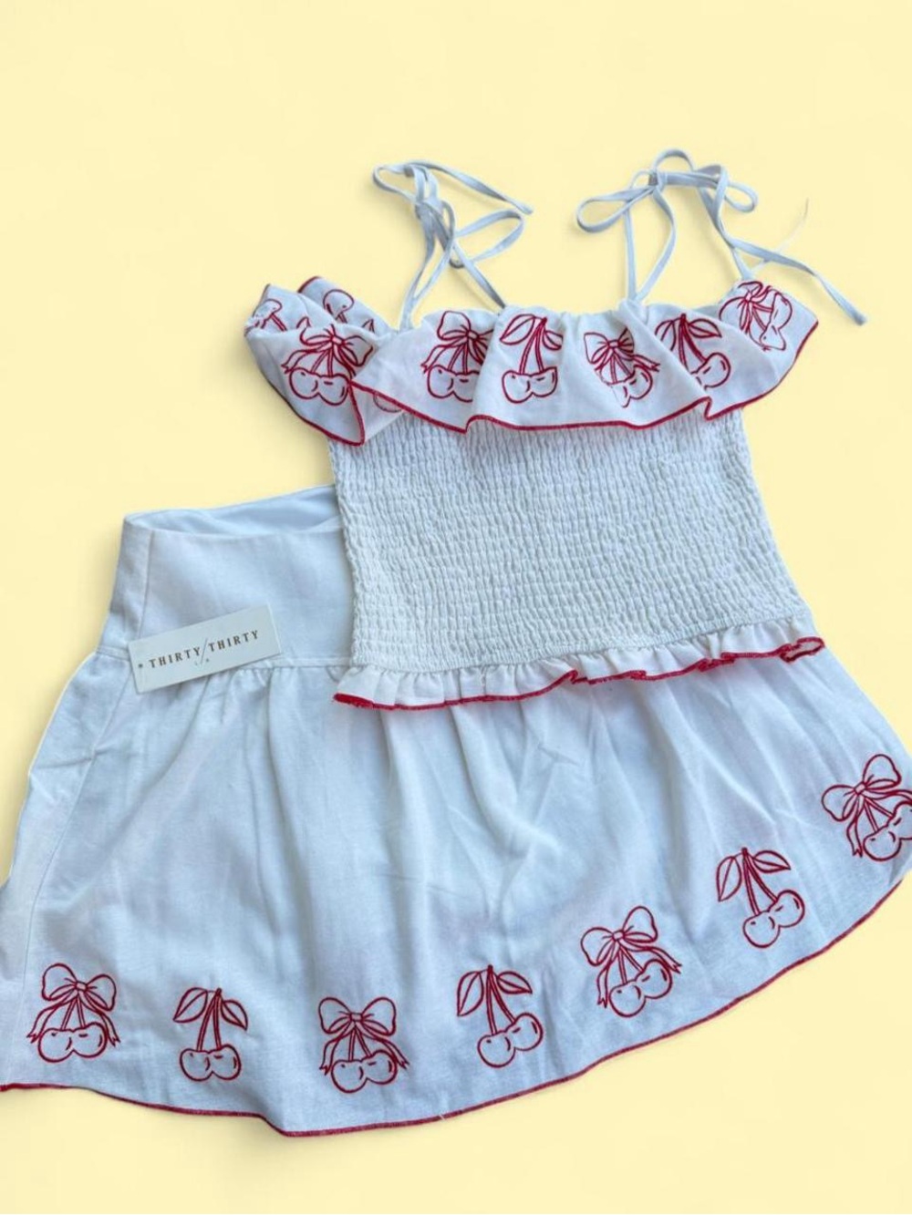 Thirty/Thirty White & Red Cherry Embroidered Skirt Set
